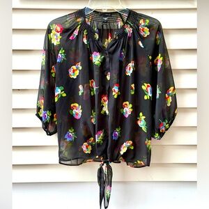 Aqua sheer floral tie blouse